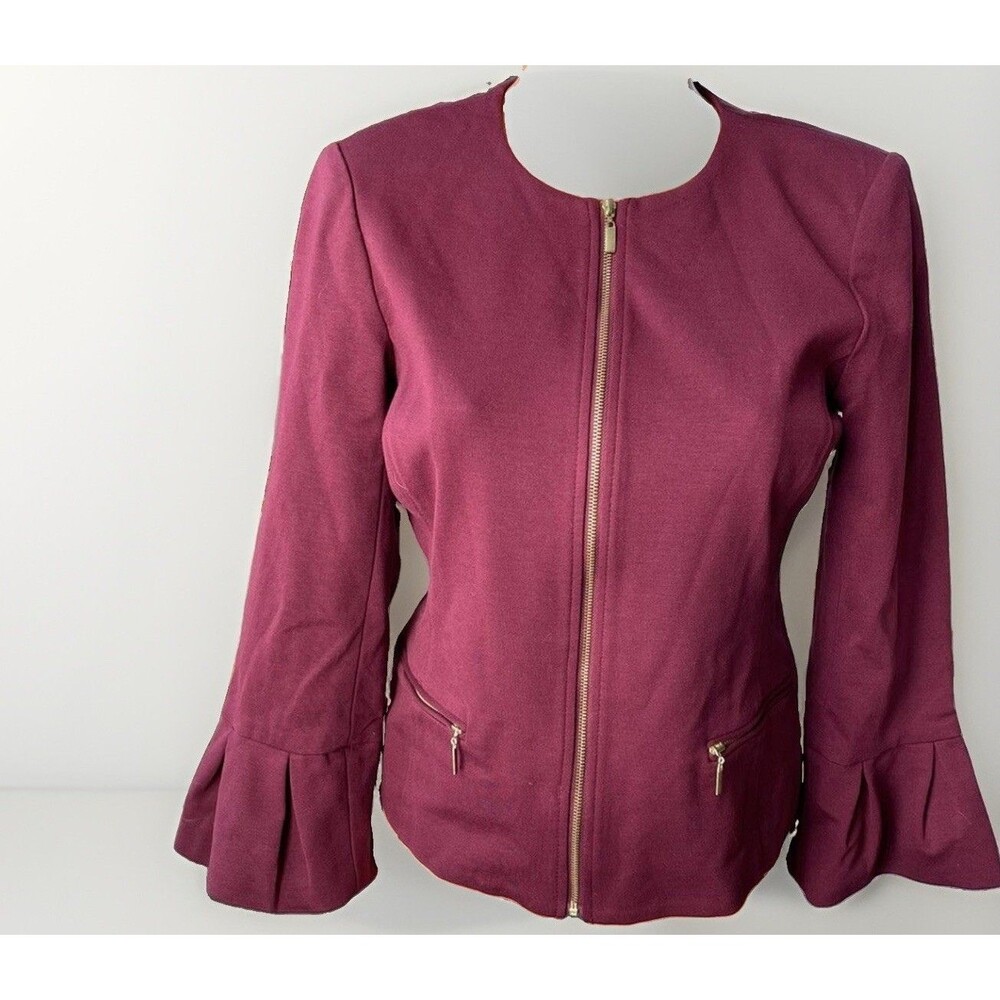 Roz & Ali Maroon Full Zip Blazer Jacket Size S Bell Sleeve